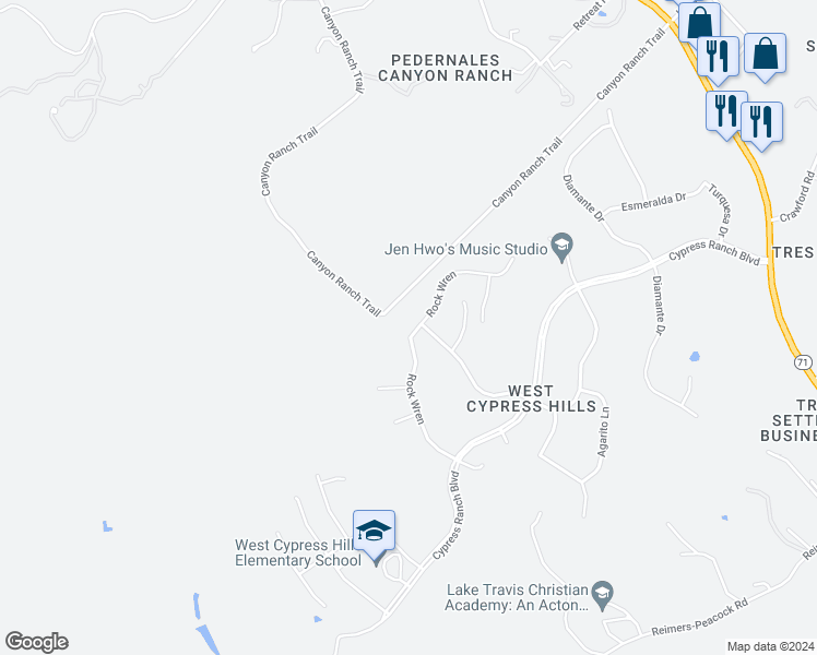 map of restaurants, bars, coffee shops, grocery stores, and more near 22204 Rock Wren in Spicewood