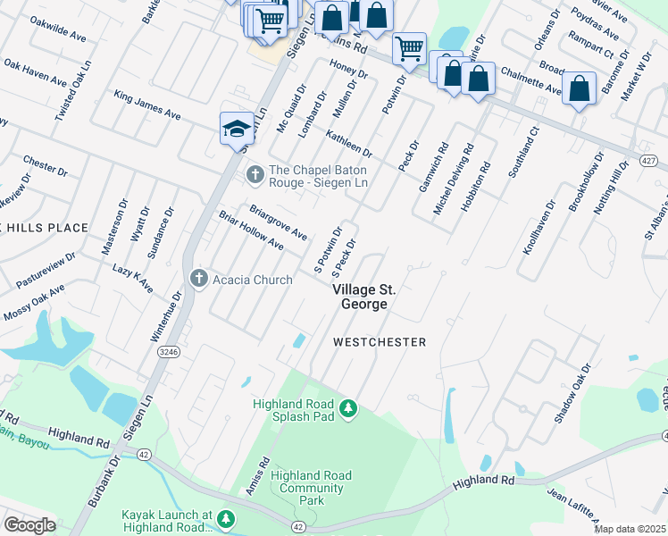 map of restaurants, bars, coffee shops, grocery stores, and more near 1477 South Peck Drive in Baton Rouge