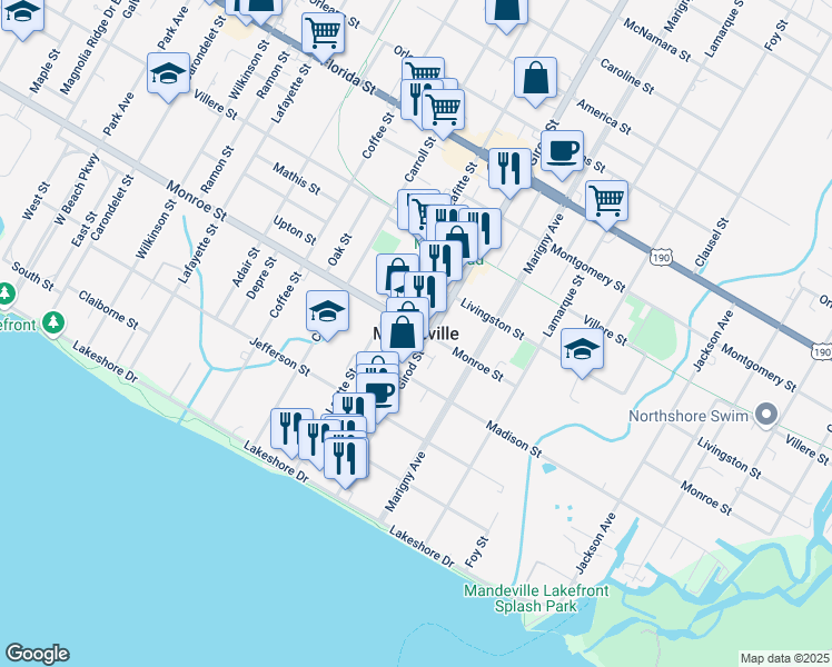 map of restaurants, bars, coffee shops, grocery stores, and more near in Mandeville