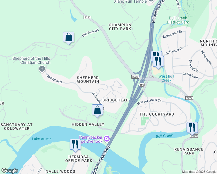 map of restaurants, bars, coffee shops, grocery stores, and more near 6000 Shepherd Mountain Cove in Austin