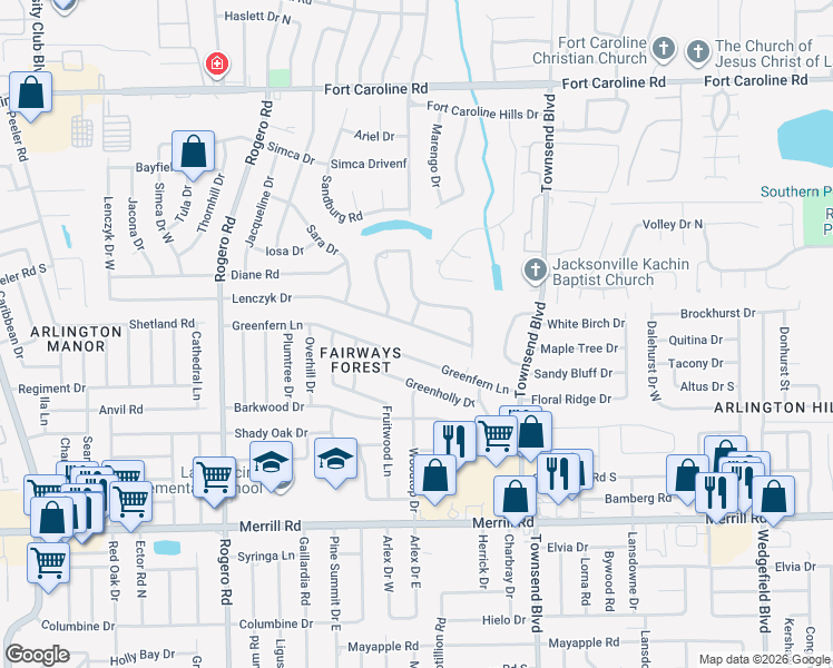 map of restaurants, bars, coffee shops, grocery stores, and more near 7008 Lenczyk Drive in Jacksonville