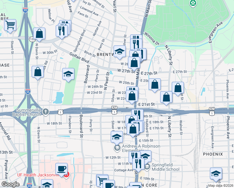 map of restaurants, bars, coffee shops, grocery stores, and more near 203 West 23rd Street in Jacksonville