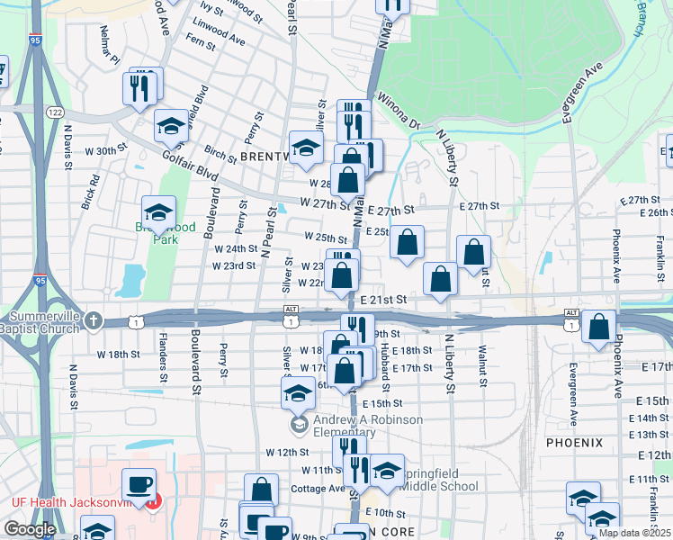 map of restaurants, bars, coffee shops, grocery stores, and more near 3302 North Main Street in Jacksonville