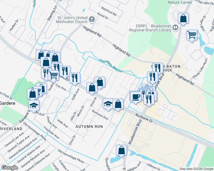map of restaurants, bars, coffee shops, grocery stores, and more near 9989 Burbank Drive in Baton Rouge