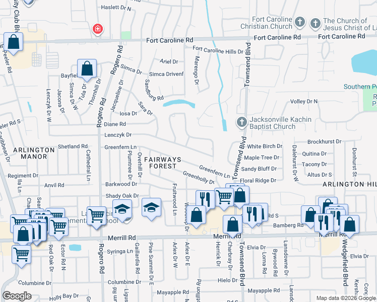 map of restaurants, bars, coffee shops, grocery stores, and more near 7008 Lenczyk Drive in Jacksonville