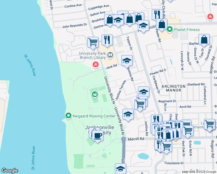 map of restaurants, bars, coffee shops, grocery stores, and more near 3291 3291-7 University Ap in Jacksonville