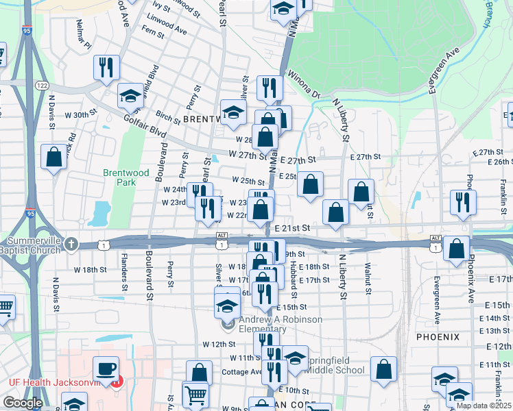map of restaurants, bars, coffee shops, grocery stores, and more near 3302 North Main Street in Jacksonville