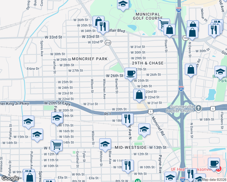 map of restaurants, bars, coffee shops, grocery stores, and more near 1408 West 24th Street in Jacksonville