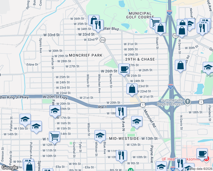 map of restaurants, bars, coffee shops, grocery stores, and more near 1408 West 24th Street in Jacksonville