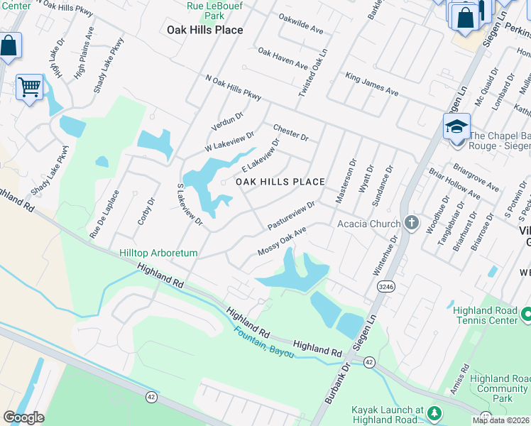 map of restaurants, bars, coffee shops, grocery stores, and more near 926 Oak Hills Parkway in Baton Rouge