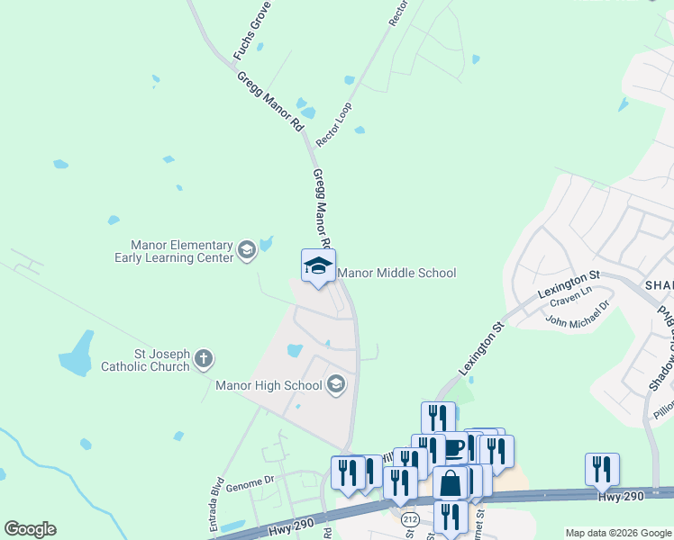 map of restaurants, bars, coffee shops, grocery stores, and more near 12907-13199 Gregg Manor Road in Manor