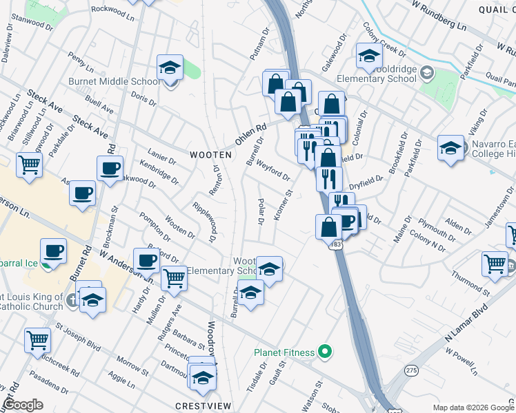 map of restaurants, bars, coffee shops, grocery stores, and more near 8308 Polar Drive in Austin