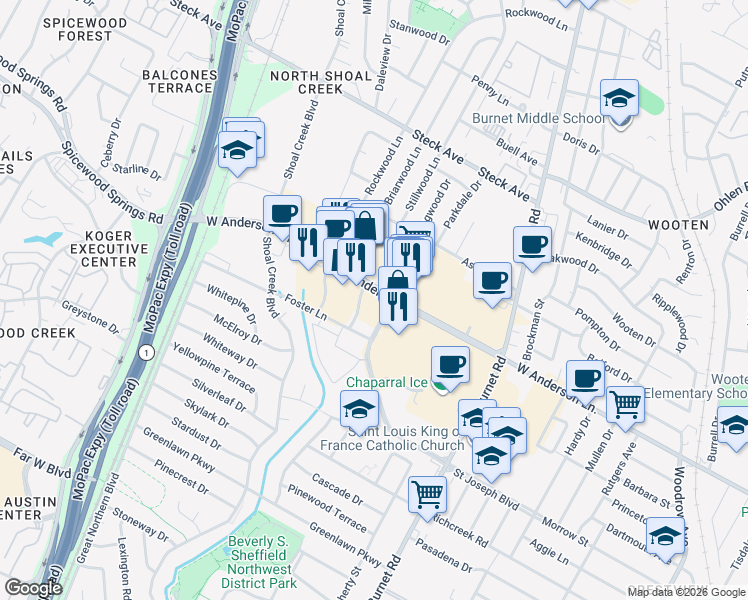 map of restaurants, bars, coffee shops, grocery stores, and more near 2729 West Anderson Lane in Austin