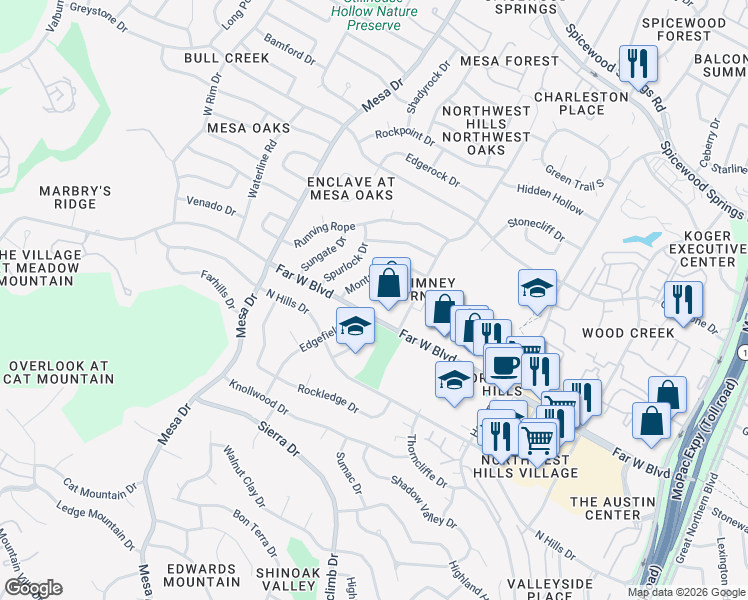 map of restaurants, bars, coffee shops, grocery stores, and more near 3956 Far West Boulevard in Austin