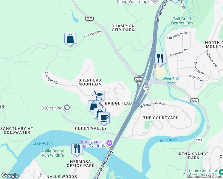 map of restaurants, bars, coffee shops, grocery stores, and more near 6000 Shepherd Mountain Cove in Austin