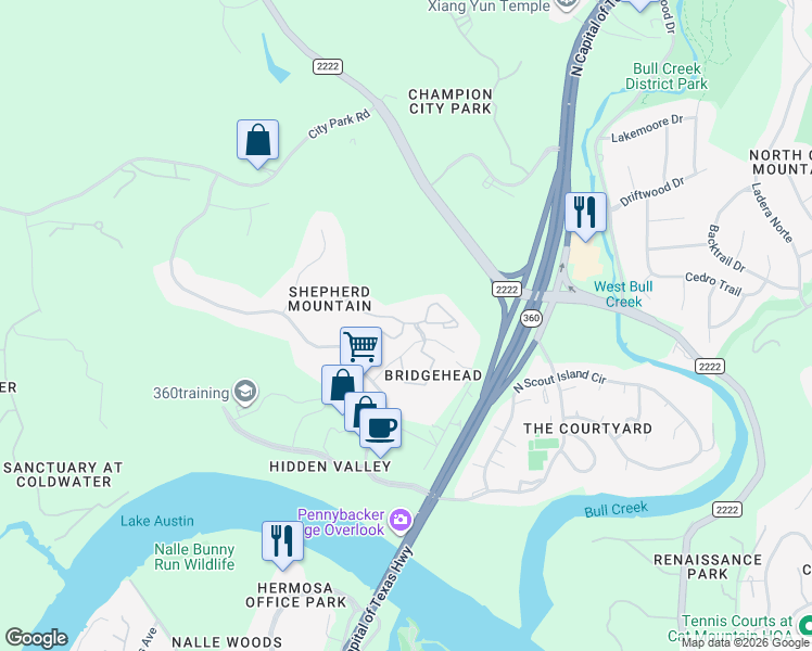 map of restaurants, bars, coffee shops, grocery stores, and more near 6000 Shepherd Mountain Cove in Austin