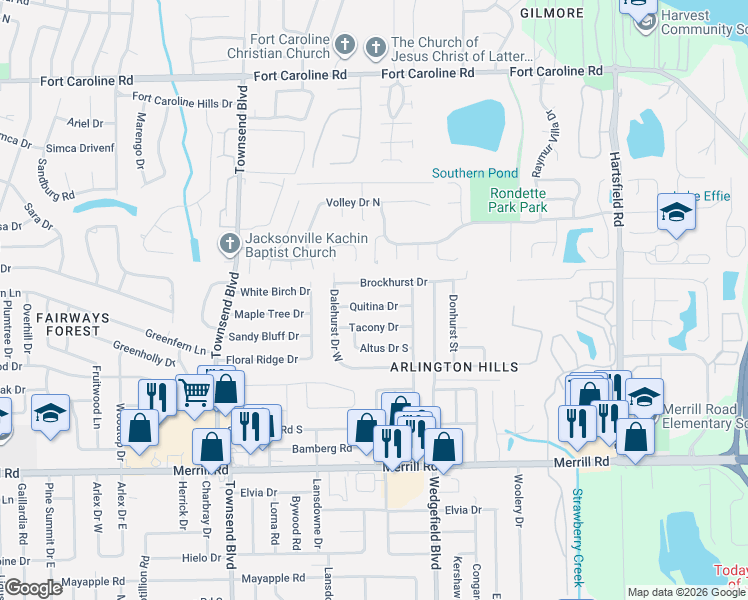 map of restaurants, bars, coffee shops, grocery stores, and more near 7549 Quitina Drive in Jacksonville