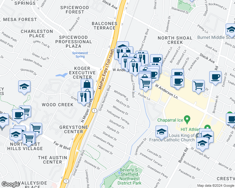 map of restaurants, bars, coffee shops, grocery stores, and more near 3207 Whitepine Drive in Austin