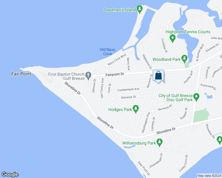 map of restaurants, bars, coffee shops, grocery stores, and more near 439 York Street in Gulf Breeze