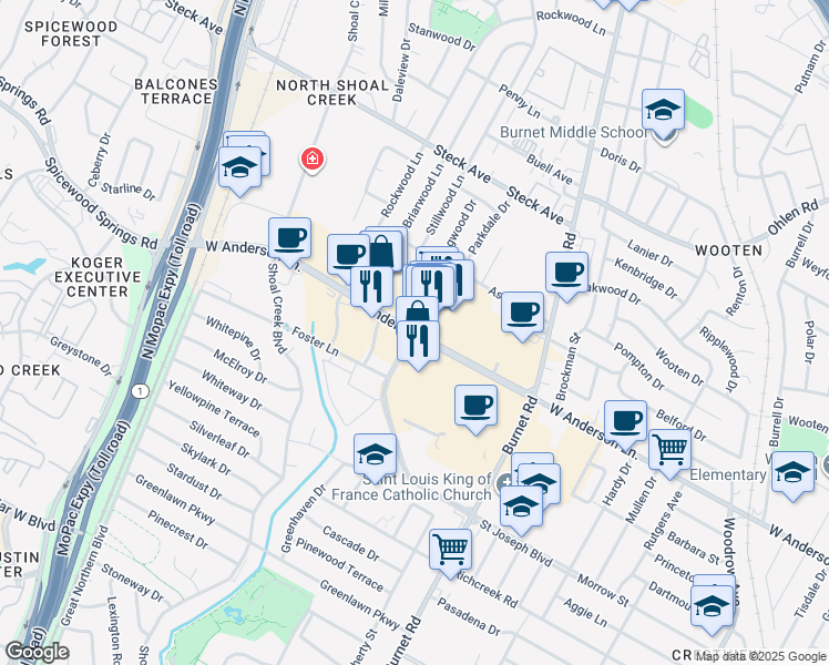 map of restaurants, bars, coffee shops, grocery stores, and more near 2691 West Anderson Lane in Austin