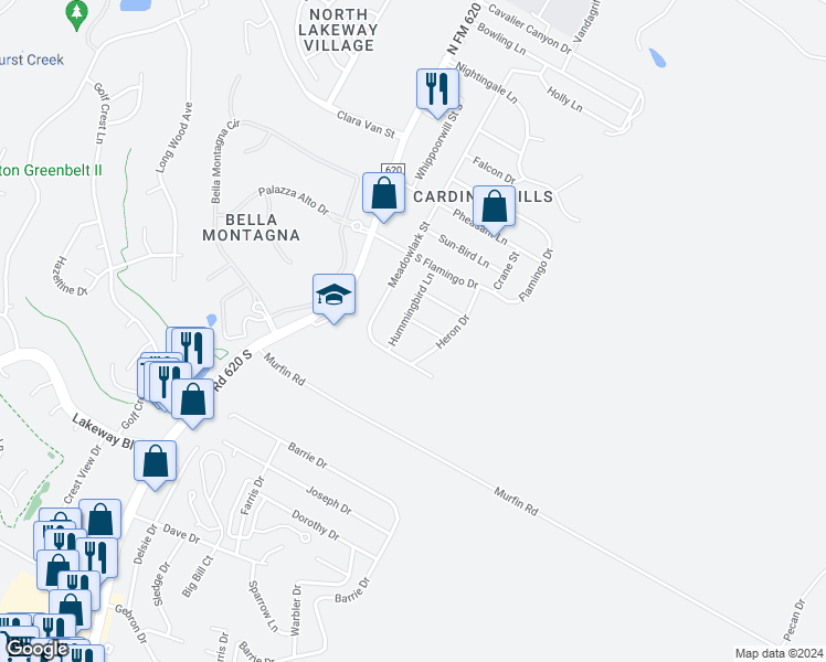 map of restaurants, bars, coffee shops, grocery stores, and more near 15203 Canary Street in Austin