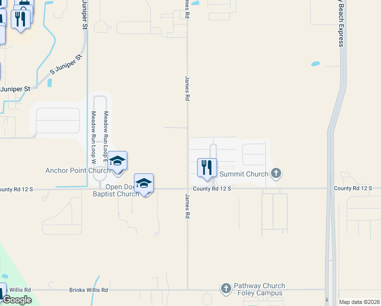 map of restaurants, bars, coffee shops, grocery stores, and more near 1202 Primrose Lane in Foley