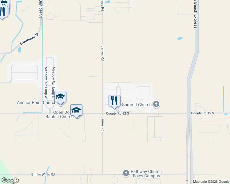 map of restaurants, bars, coffee shops, grocery stores, and more near 1202 Primrose Lane in Foley