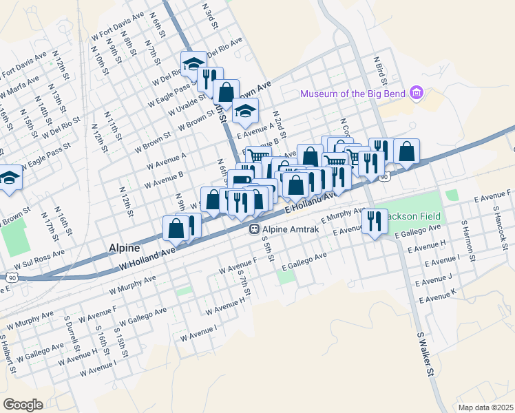map of restaurants, bars, coffee shops, grocery stores, and more near 101 East Avenue East in Alpine