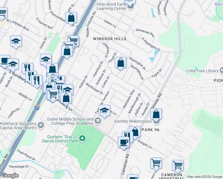 map of restaurants, bars, coffee shops, grocery stores, and more near 9709 Teasdale Terrace in Austin