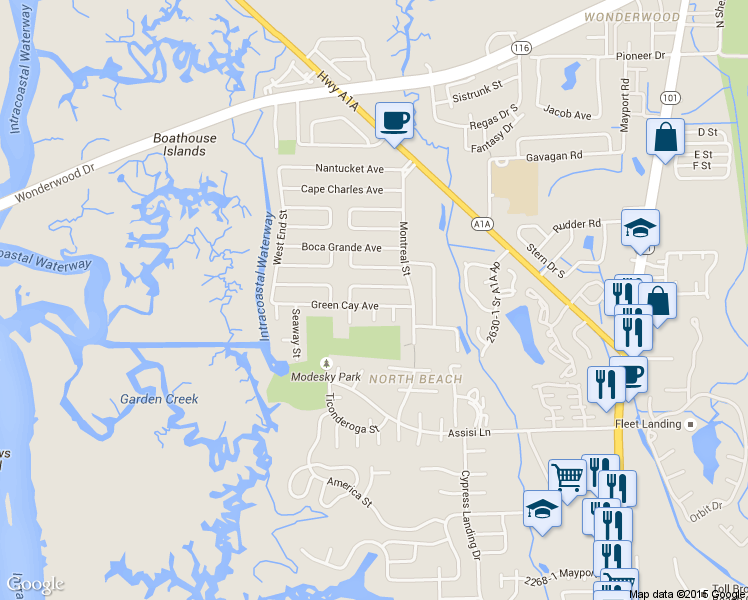 map of restaurants, bars, coffee shops, grocery stores, and more near 1143 Green Cay Avenue in Atlantic Beach