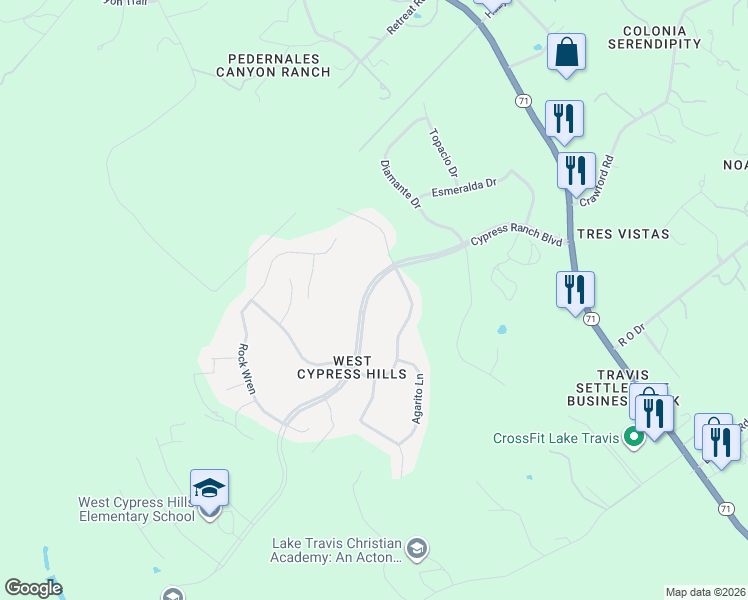 map of restaurants, bars, coffee shops, grocery stores, and more near 5301 Cypress Ranch Boulevard in Spicewood
