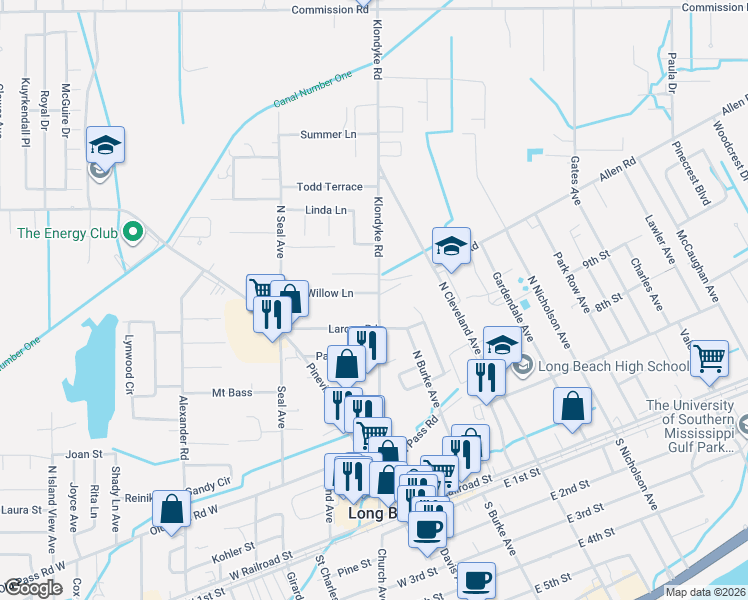 map of restaurants, bars, coffee shops, grocery stores, and more near 113 Willow Lane in Long Beach