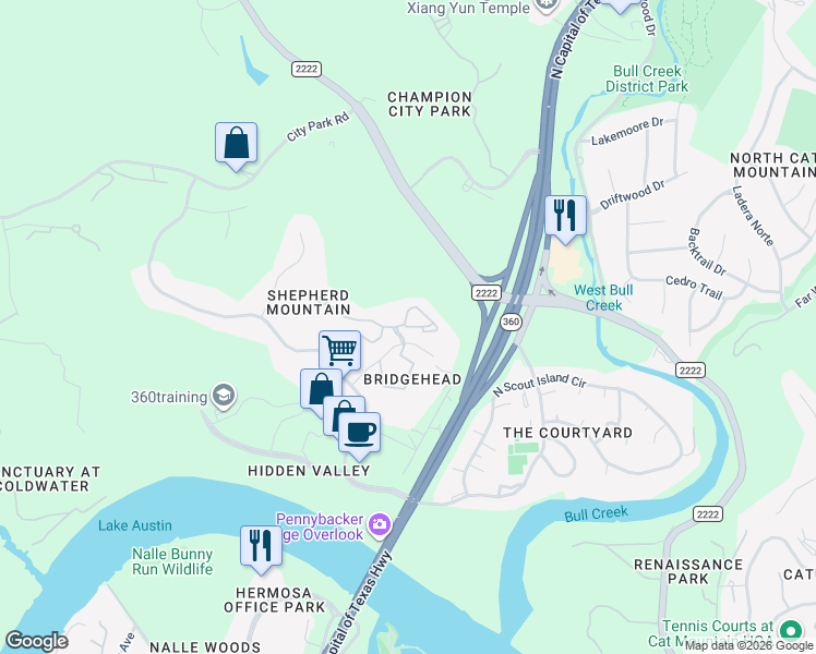 map of restaurants, bars, coffee shops, grocery stores, and more near 6000 Shepherd Mountain Cove in Austin