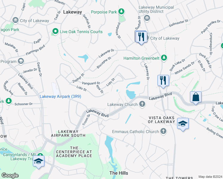 map of restaurants, bars, coffee shops, grocery stores, and more near 222 Lido Street in Lakeway