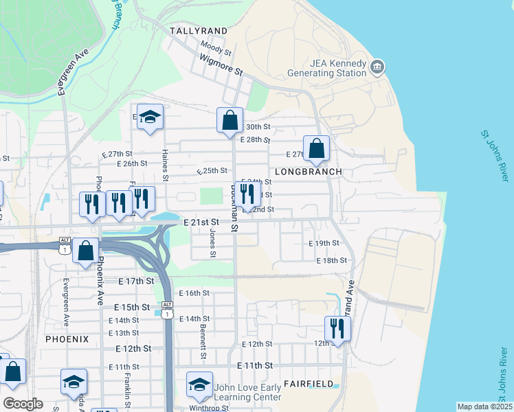 map of restaurants, bars, coffee shops, grocery stores, and more near 1757 22nd Street East in Jacksonville