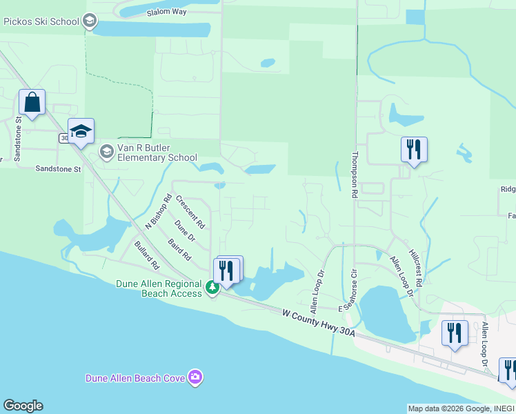map of restaurants, bars, coffee shops, grocery stores, and more near 106 Old Winston Circle in Santa Rosa Beach