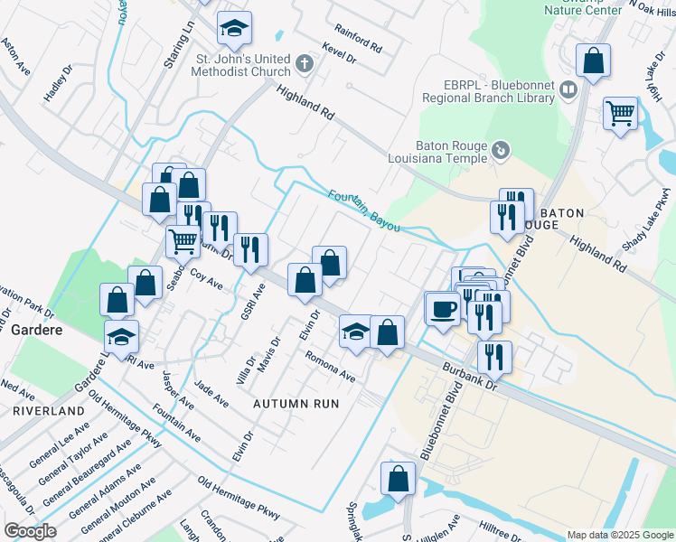 map of restaurants, bars, coffee shops, grocery stores, and more near 9951-9987 Burbank Drive in Baton Rouge