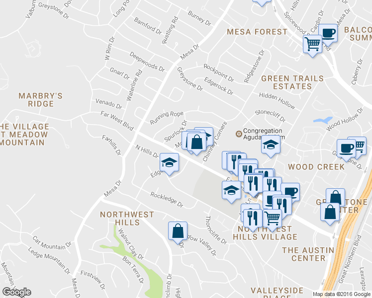 map of restaurants, bars, coffee shops, grocery stores, and more near 3956 Far West Boulevard in Austin