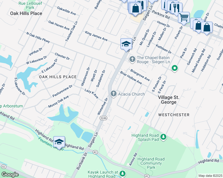 map of restaurants, bars, coffee shops, grocery stores, and more near 9943 Siegen Lane in Baton Rouge