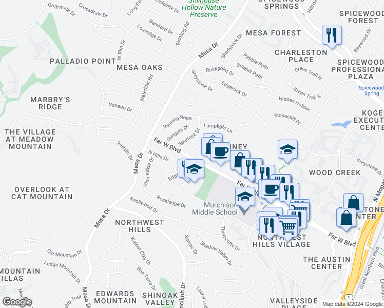 map of restaurants, bars, coffee shops, grocery stores, and more near 7101 Montana Norte in Austin