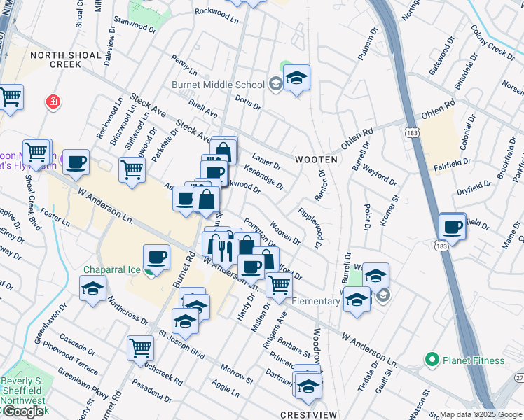 map of restaurants, bars, coffee shops, grocery stores, and more near 2100 Wooten Dr in Austin