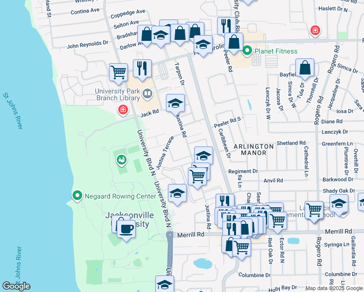 map of restaurants, bars, coffee shops, grocery stores, and more near 3266 Justina Road in Jacksonville