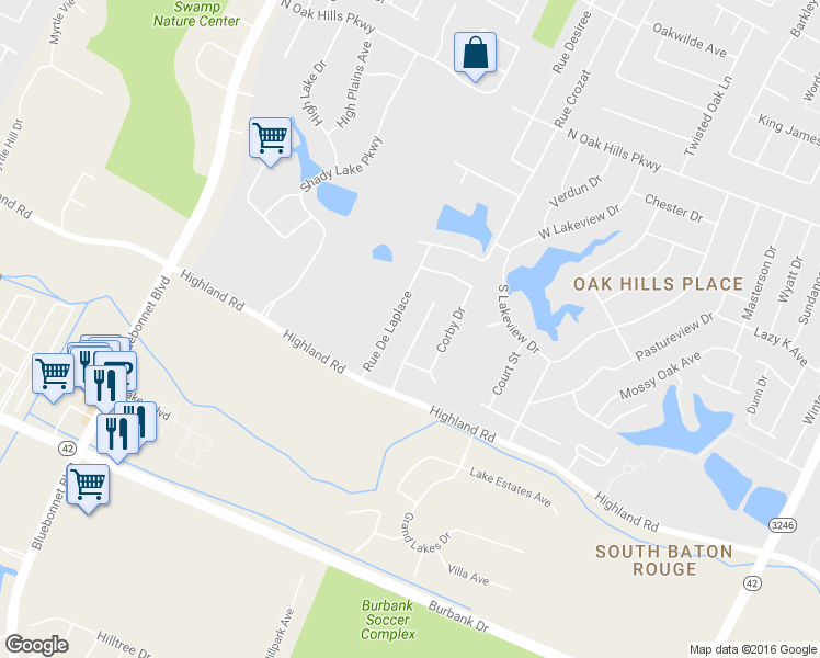 map of restaurants, bars, coffee shops, grocery stores, and more near 321 Huntington Drive in Baton Rouge