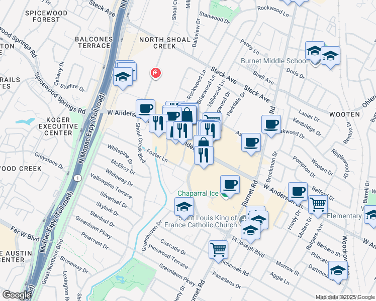 map of restaurants, bars, coffee shops, grocery stores, and more near 2729 West Anderson Lane in Austin