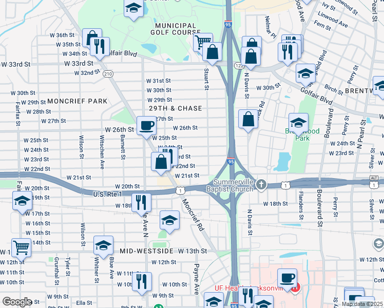 map of restaurants, bars, coffee shops, grocery stores, and more near 1133 West 23rd Street in Jacksonville