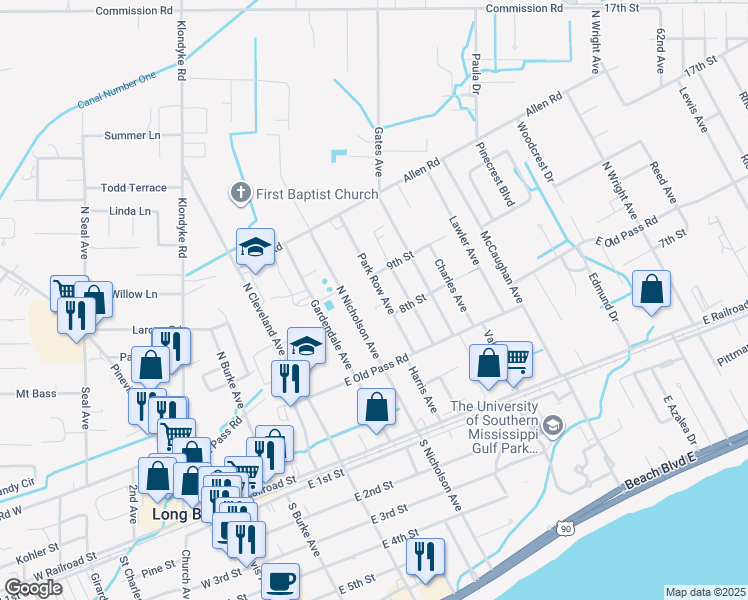 map of restaurants, bars, coffee shops, grocery stores, and more near 341 Park Row Ave in Long Beach