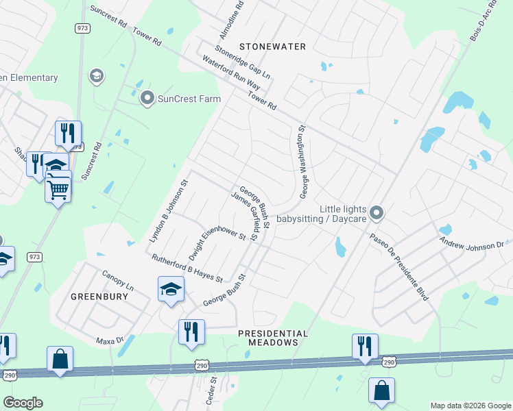 map of restaurants, bars, coffee shops, grocery stores, and more near 13817 James Garfield Street in Manor