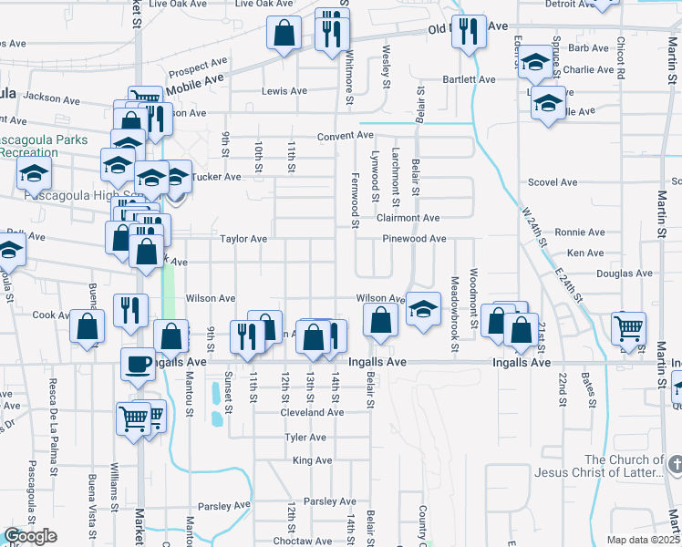 map of restaurants, bars, coffee shops, grocery stores, and more near 2302 14th Street in Pascagoula