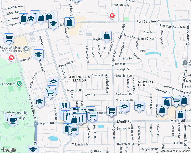 map of restaurants, bars, coffee shops, grocery stores, and more near 6232 Shetland Road in Jacksonville