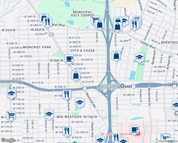 map of restaurants, bars, coffee shops, grocery stores, and more near 1133 West 23rd Street in Jacksonville